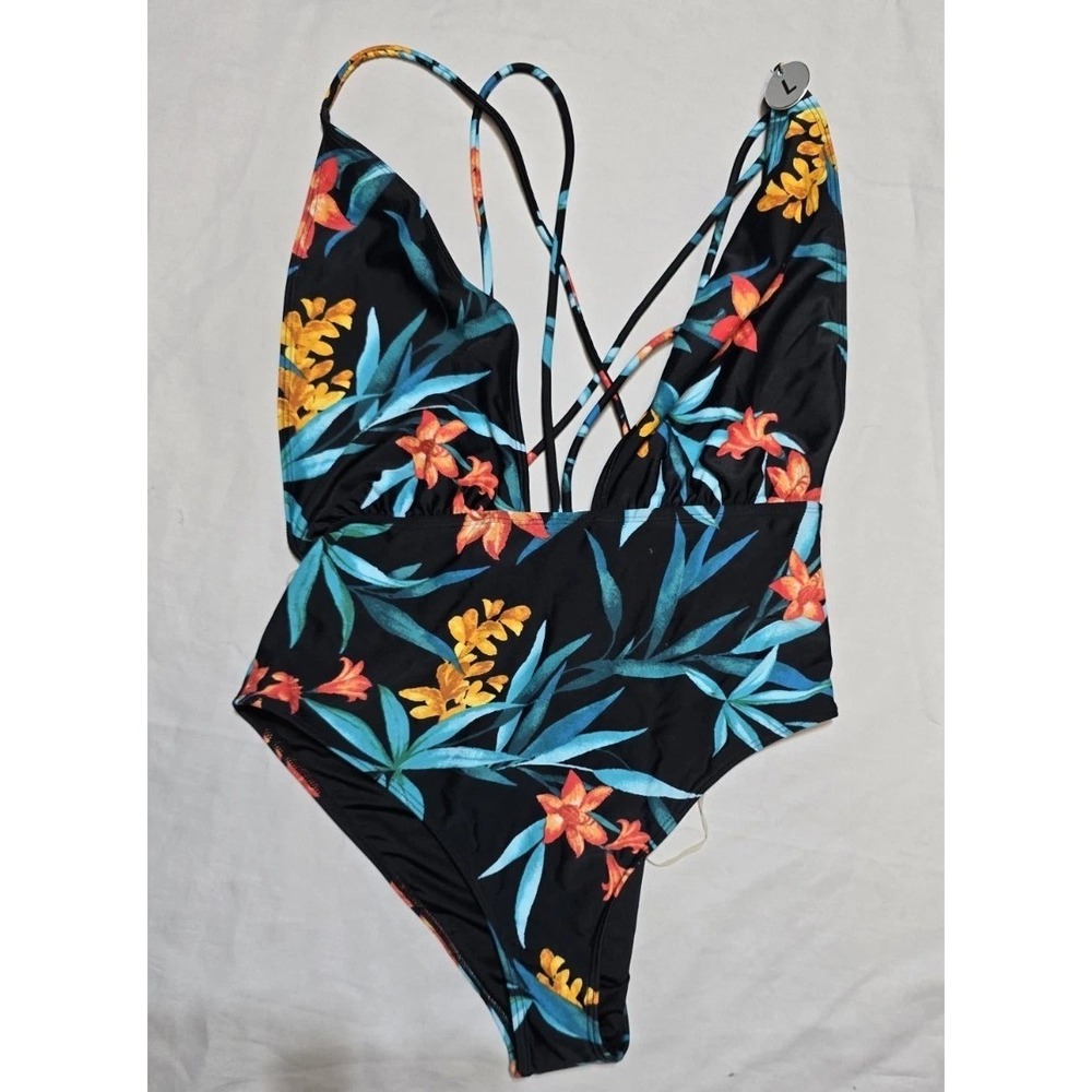 forever 21 One Piece Swimming Suit Large  Black Floral